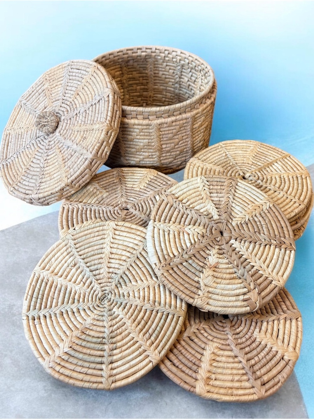 Woven Natural Rattan large Coasters or trivets with Storage Box - Set of 12